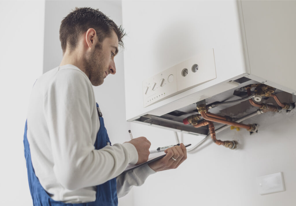 Professional plumber doing a boiler check